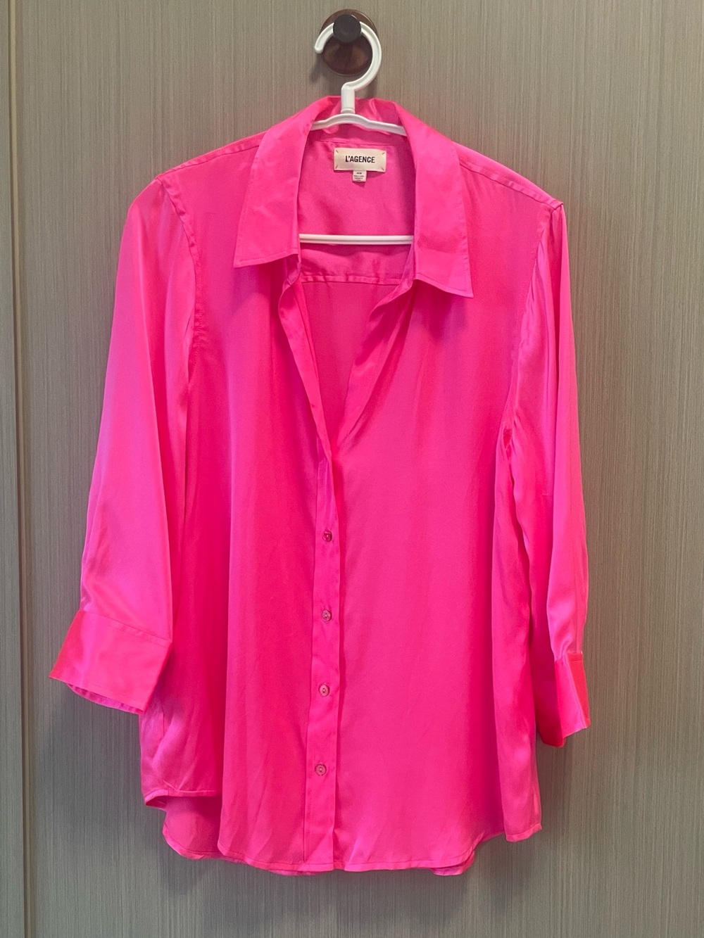L'Agence Dani Silk Satin 3/4-Sleeve Button-Down Blouse Bright Fuchsia Pink Shirt